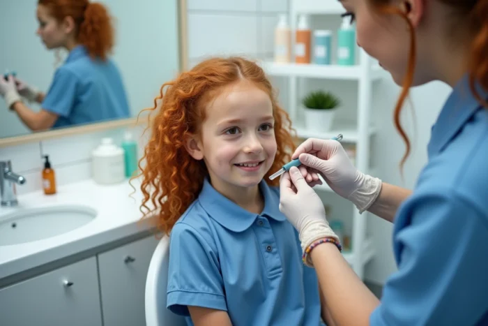 Technicienne spécialisée inspectant les cheveux d'une fillette avec un peigne loupe pour détecter et éliminer les poux de façon professionnelle
