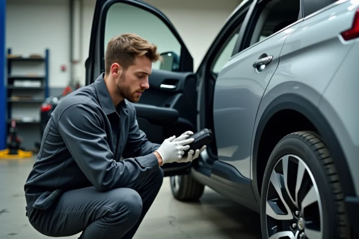 Technicien automobile utilisant un scanner OBD2 pour diagnostiquer les voyants orange d'un Peugeot 5008