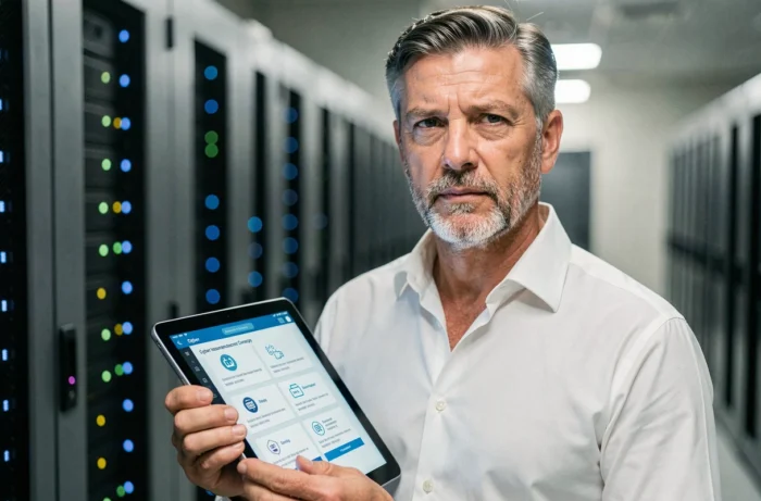 Directeur d'entreprise consultant une interface d'assurance cyber sur tablette dans une salle de serveurs informatiques