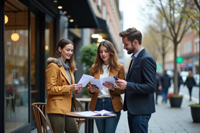 Trois jeunes professionnels discutent de produits bancaires devant une agence en ville