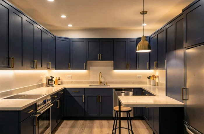 Cuisine moderne avec éclairage en couches superposées : spots encastrés, bandeau LED sous les meubles hauts et suspension au-dessus d'un îlot, sans plafonnier unique