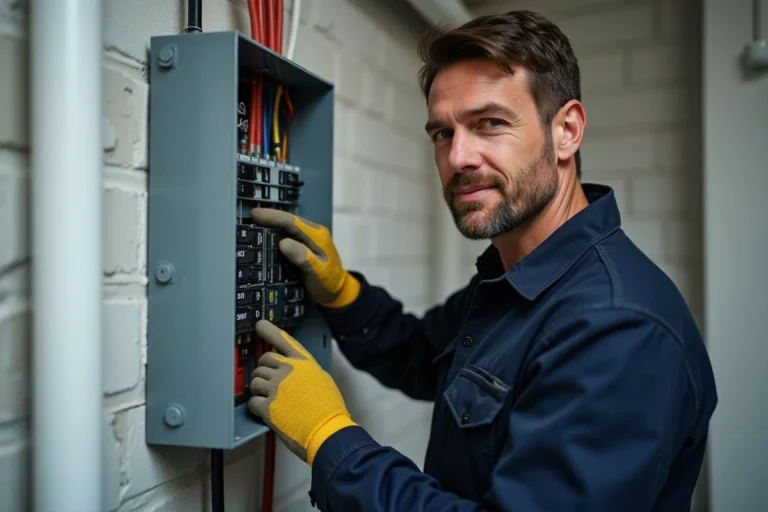 Électricien professionnel inspectant un tableau électrique avec un disjoncteur 20A pour chauffe-eau