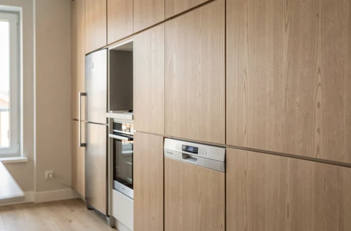 Cuisine compacte avec appareils électroménagers dissimulés derrière des façades intégrées en bois clair, créant une continuité visuelle parfaite