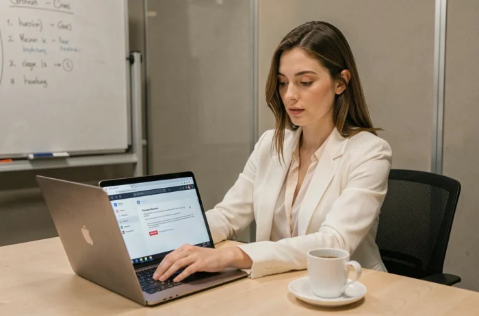 Employée municipale consultant un email de récupération de mot de passe sur son ordinateur portable en salle de réunion