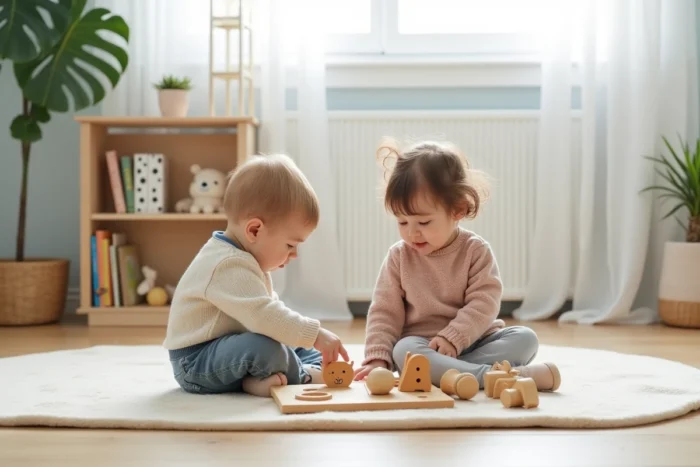 Deux jeunes enfants jouant ensemble avec un puzzle en bois sur un tapis de jeu dans une salle de jeux colorée