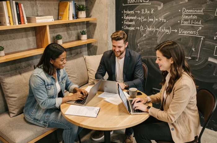 Équipe collaborative de trois collègues travaillant sur des outils bureautiques innovants dans un espace de coworking moderne