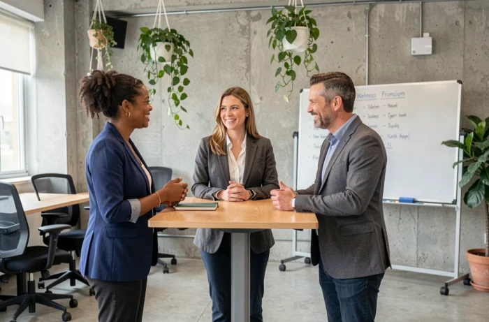Groupe de professionnels discutant d'un programme bien-être autour d'un bureau ergonomique en entreprise