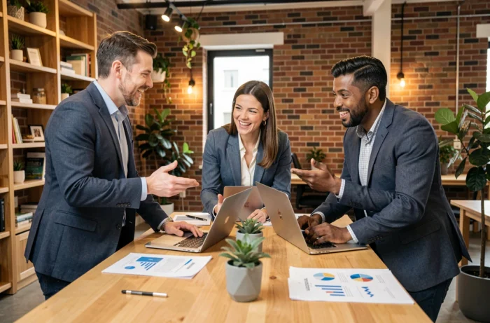 Équipe de professionnels en réunion debout autour d'une table dans un espace de coworking moderne