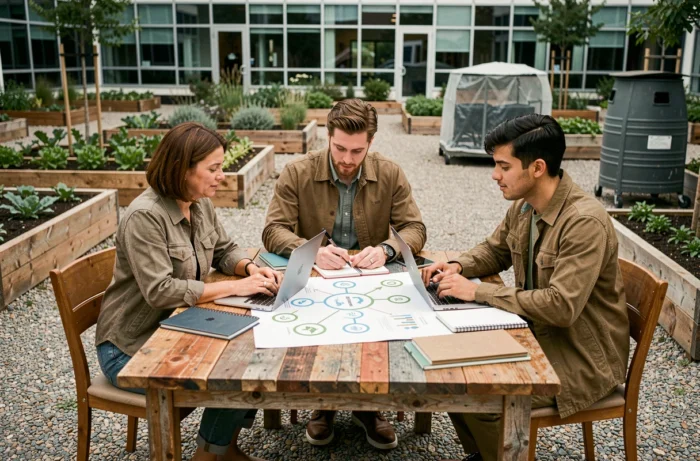 Équipe multiculturelle collaborant sur une stratégie de développement durable dans un jardin d'entreprise éco-responsable