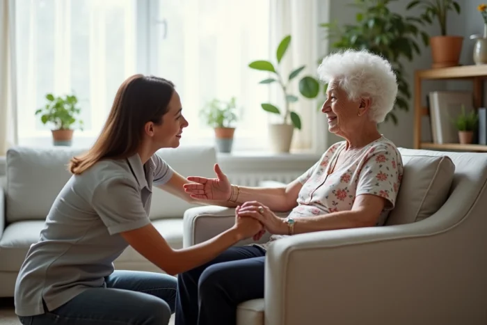 Une ergothérapeute guide une senior dans des exercices physiques doux à domicile dans un salon lumineux