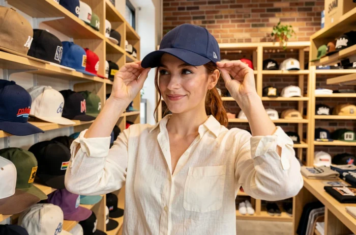 Femme essayant une casquette ajustable dans une boutique de streetwear pour trouver la taille idéale