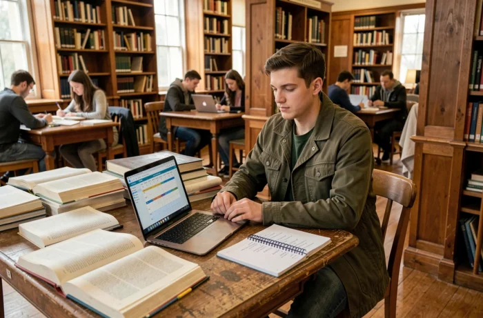 Étudiant organisant son planning universitaire dans une bibliothèque de faculté