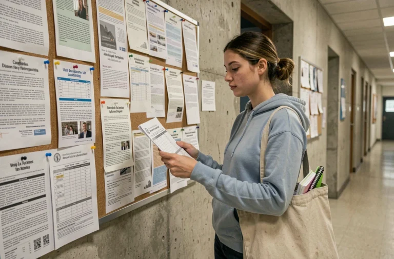 Étudiante consultant son emploi du temps affiché dans le couloir d'une université à Angers