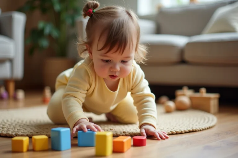 Petite fille en bas âge explorant des jouets sensoriels colorés sur un plancher en bois dans un salon chaleureux