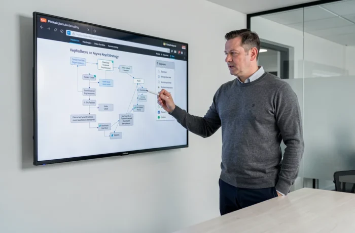 Expert en référencement présentant une stratégie SEO qualitative sur un grand écran dans une salle de réunion