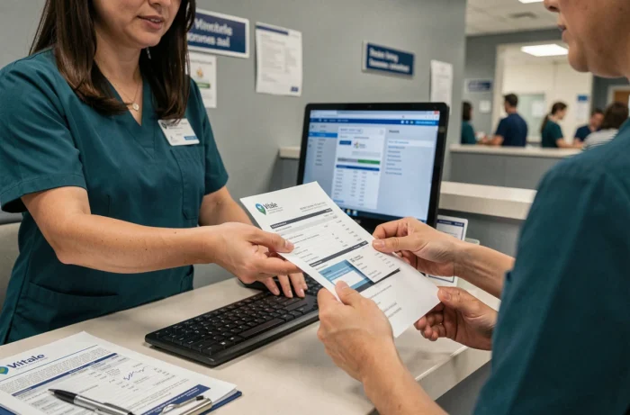 Remise d'une facture et d'une carte Vitale au guichet administratif d'un hôpital pour le règlement d'une IRM pelvienne