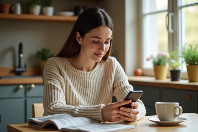 Femme consultant l'actualité sur son smartphone dans une cuisine moderne, illustrant la consommation d'informations en ligne au quotidien