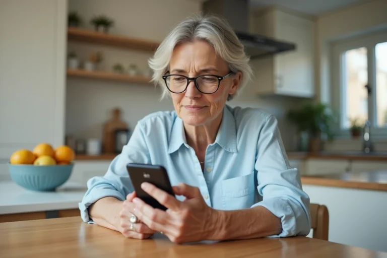 Femme d'âge mûr utilisant une application de suivi du diabète sur smartphone à la cuisine