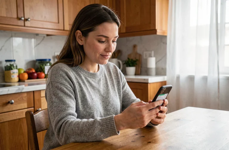Femme utilisant une application de livraison à domicile sur son smartphone dans sa cuisine