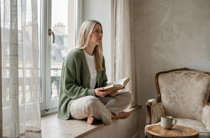 Femme blonde pensive assise sur un banc de fenêtre dans un appartement parisien tenant un journal ouvert sur ses genoux