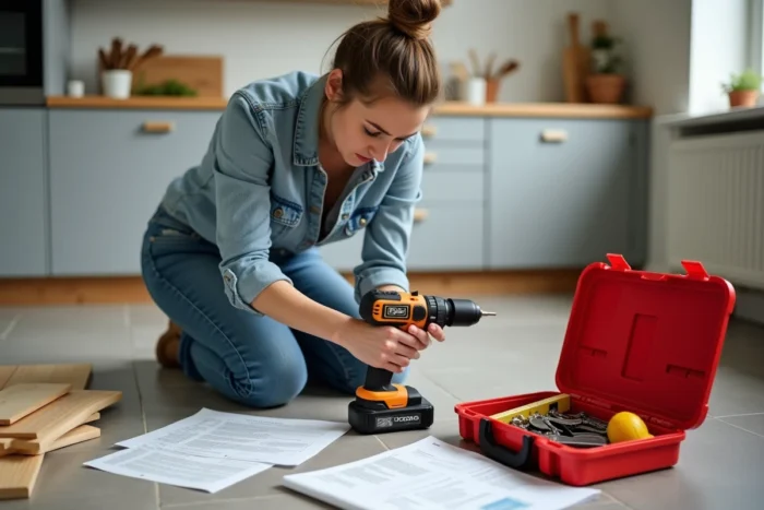 Femme bricolant avec une perceuse sans fil pour assembler des meubles dans une cuisine en rénovation