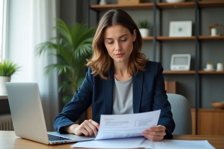 Une femme en CDI consulte des documents de financement de formation professionnelle à son bureau à domicile