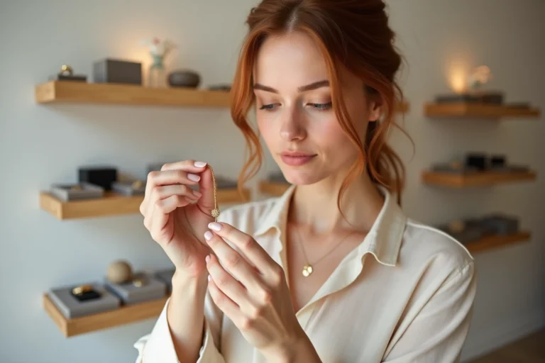 Femme tenant un collier en or avec pendentif géométrique dans une boutique de bijoux contemporaine
