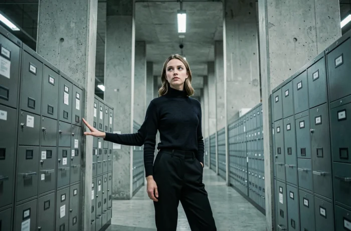 Jeune femme perdue dans un couloir bureaucratique labyrinthique évoquant l'univers de Kafka