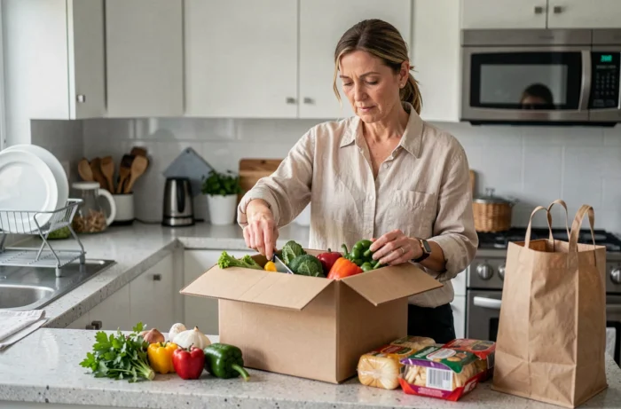 Femme déballant une livraison de courses à domicile dans sa cuisine
