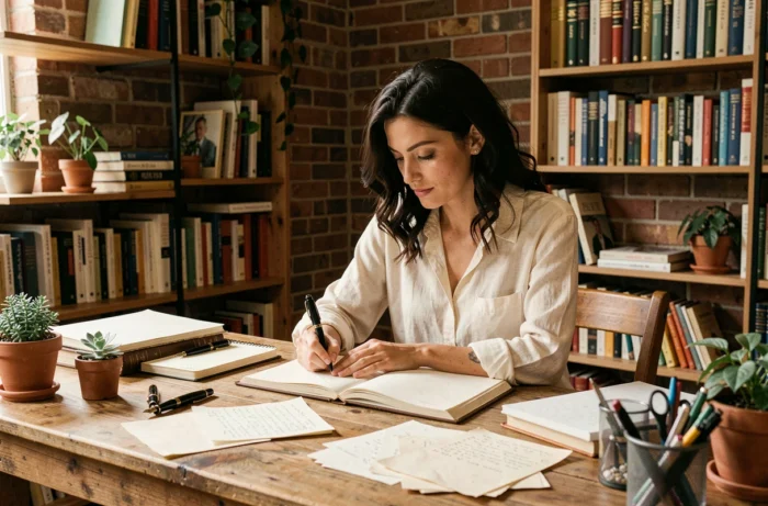 Femme écrivaine assise à un bureau en bois rustique entouré de carnets et stylos plume dans un studio créatif chaleureux