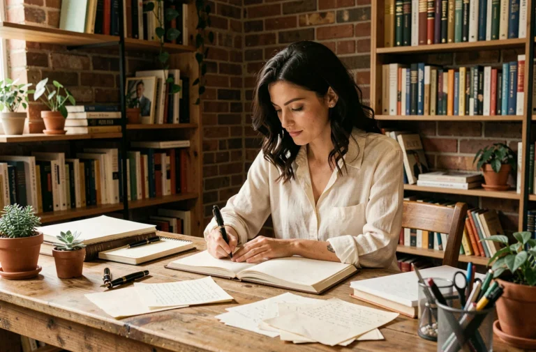 Femme écrivaine assise à un bureau en bois rustique entouré de carnets et stylos plume dans un studio créatif chaleureux