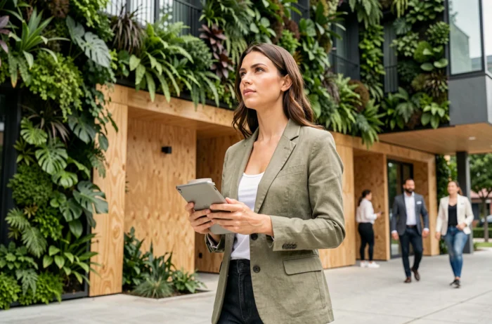 Femme professionnelle devant un bâtiment écologique avec mur végétal, illustrant l'emploi vert et l'engagement environnemental en entreprise