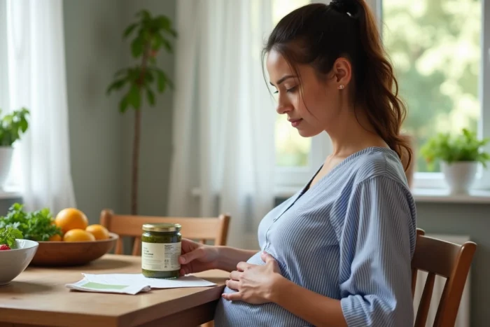 Femme enceinte lisant attentivement l'étiquette nutritionnelle d'un pot de pesto du commerce pour vérifier sa composition pendant la grossesse