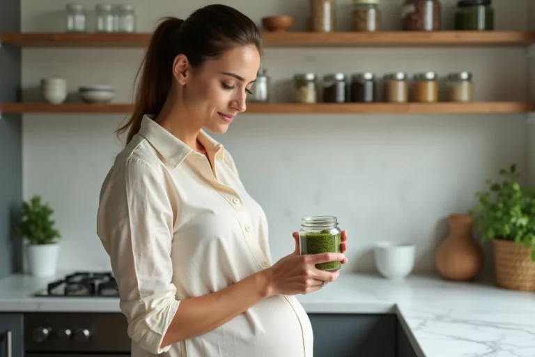 Femme enceinte examinant un pot de pesto dans sa cuisine, vérifiant les ingrédients pour sa sécurité alimentaire pendant la grossesse