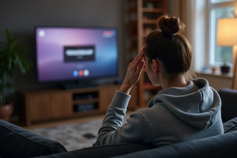 Femme frustrée devant un message d'erreur sur sa télévision lors d'une panne Disney Plus