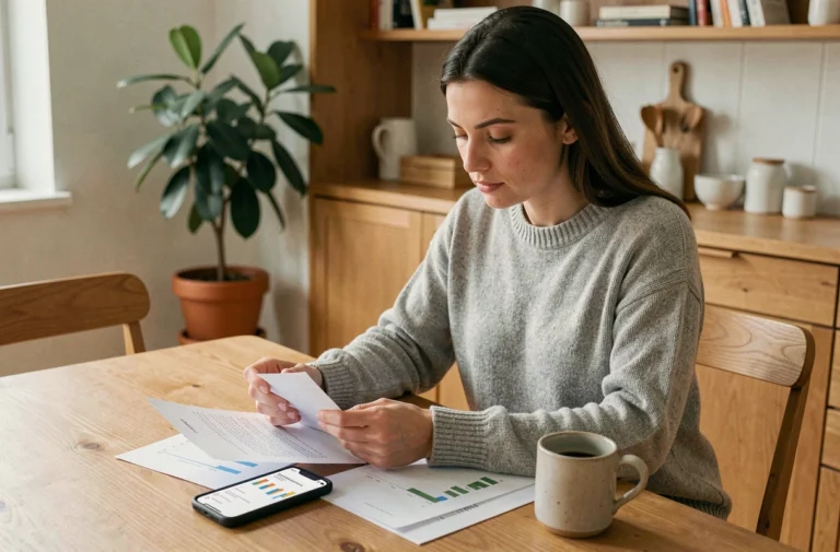 Femme consultant ses finances personnelles sur smartphone et documents budgétaires à une table en bois dans un appartement moderne