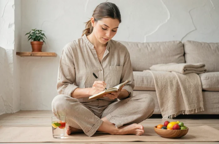 Femme écrivant dans un journal de bord bien-être chez elle avec des fruits frais et de l'eau infusée pour un suivi minceur naturel