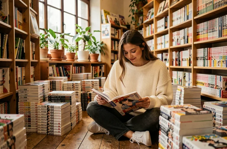 Jeune femme lisant des mangas célèbres dans une librairie indépendante chaleureuse entourée de nombreux volumes