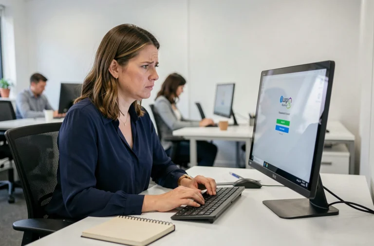 Femme frustrée devant son ordinateur de bureau après avoir oublié son mot de passe IntraParis