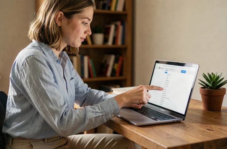 Jeune femme naviguant sur un plan de site web depuis son bureau à domicile sur un ordinateur portable