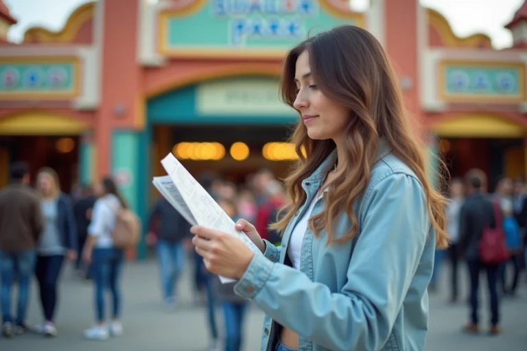 Jeune femme consultant un plan papier du parc Disneyland à l'entrée du parc pour optimiser sa visite