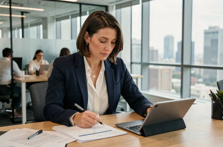 Femme professionnelle en blazer marine analysant des documents business dans un bureau moderne avec vue sur la ville
