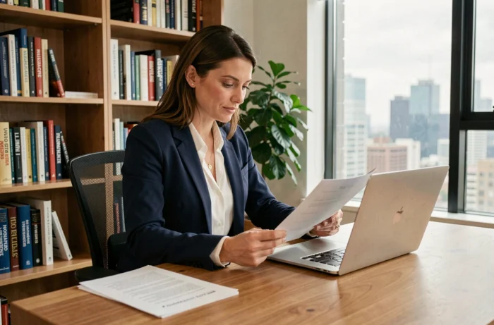 Femme professionnelle en blazer marine étudiant des ressources de formation sur un bureau moderne avec un ordinateur portable ouvert