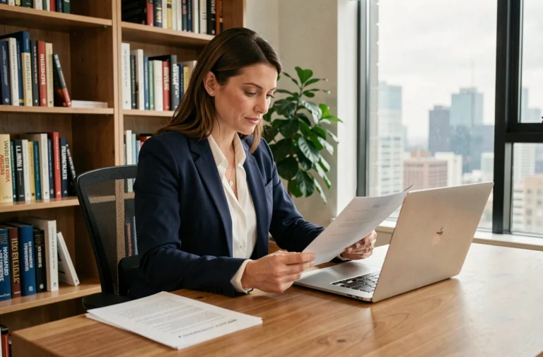Femme professionnelle en blazer marine étudiant des ressources de formation sur un bureau moderne avec un ordinateur portable ouvert