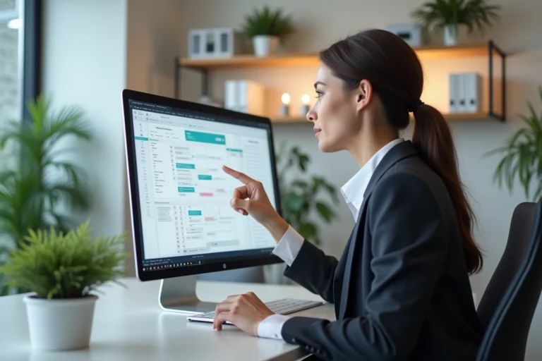 Femme professionnelle naviguant sur le plan de site Business Hack depuis son bureau moderne