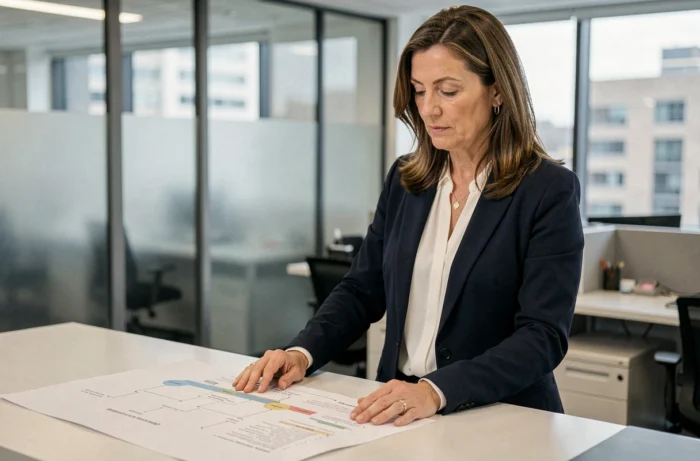 Femme professionnelle analysant un plan de site imprimé dans un bureau en open space moderne
