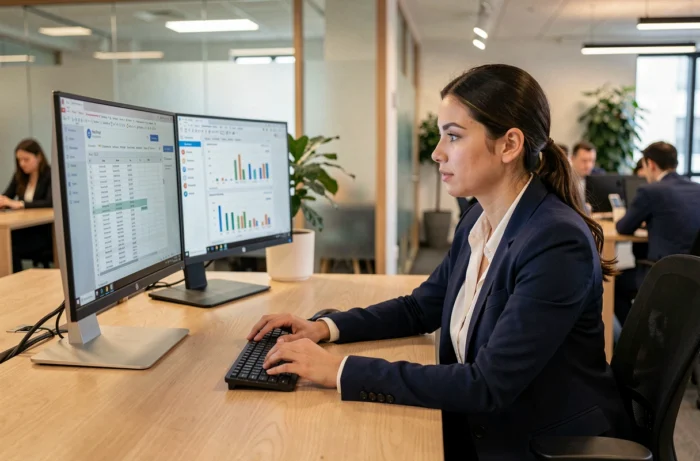 Femme professionnelle utilisant des solutions bureautiques sur double écran dans un open space moderne pour améliorer sa productivité