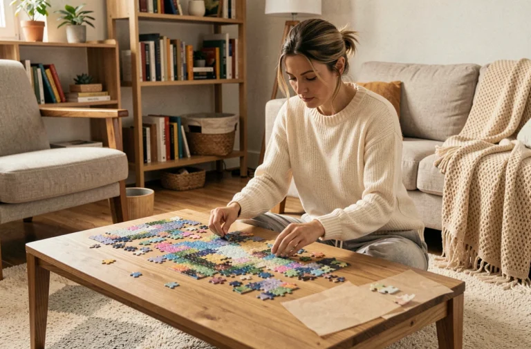 Femme assemblant un puzzle coloré sur le sol d'un salon cosy et moderne