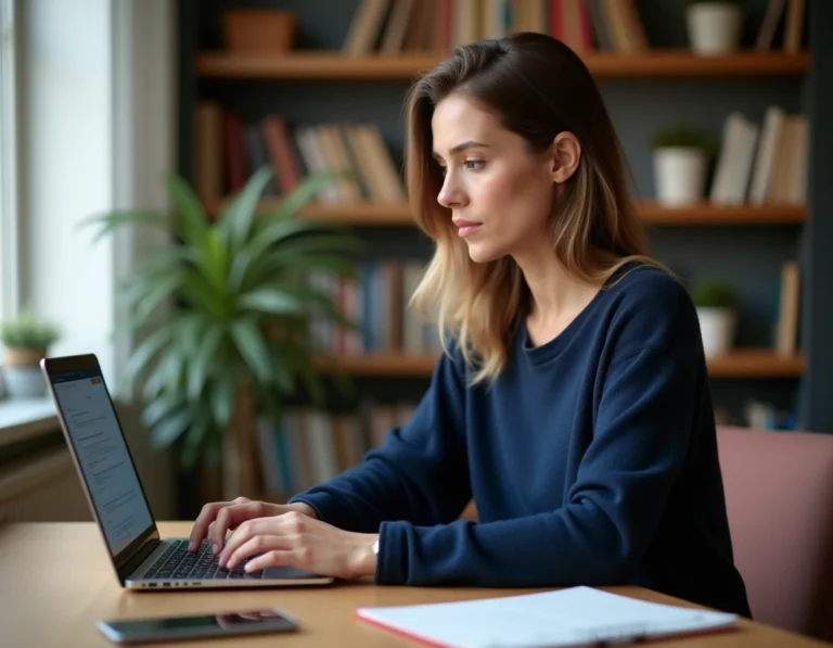 Femme rédigeant un email à la CAF sur son ordinateur portable dans un bureau à domicile