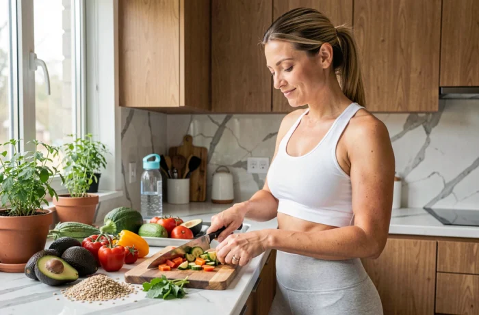 Femme préparant un repas équilibré et coloré dans une cuisine moderne pour atteindre ses objectifs minceur naturellement